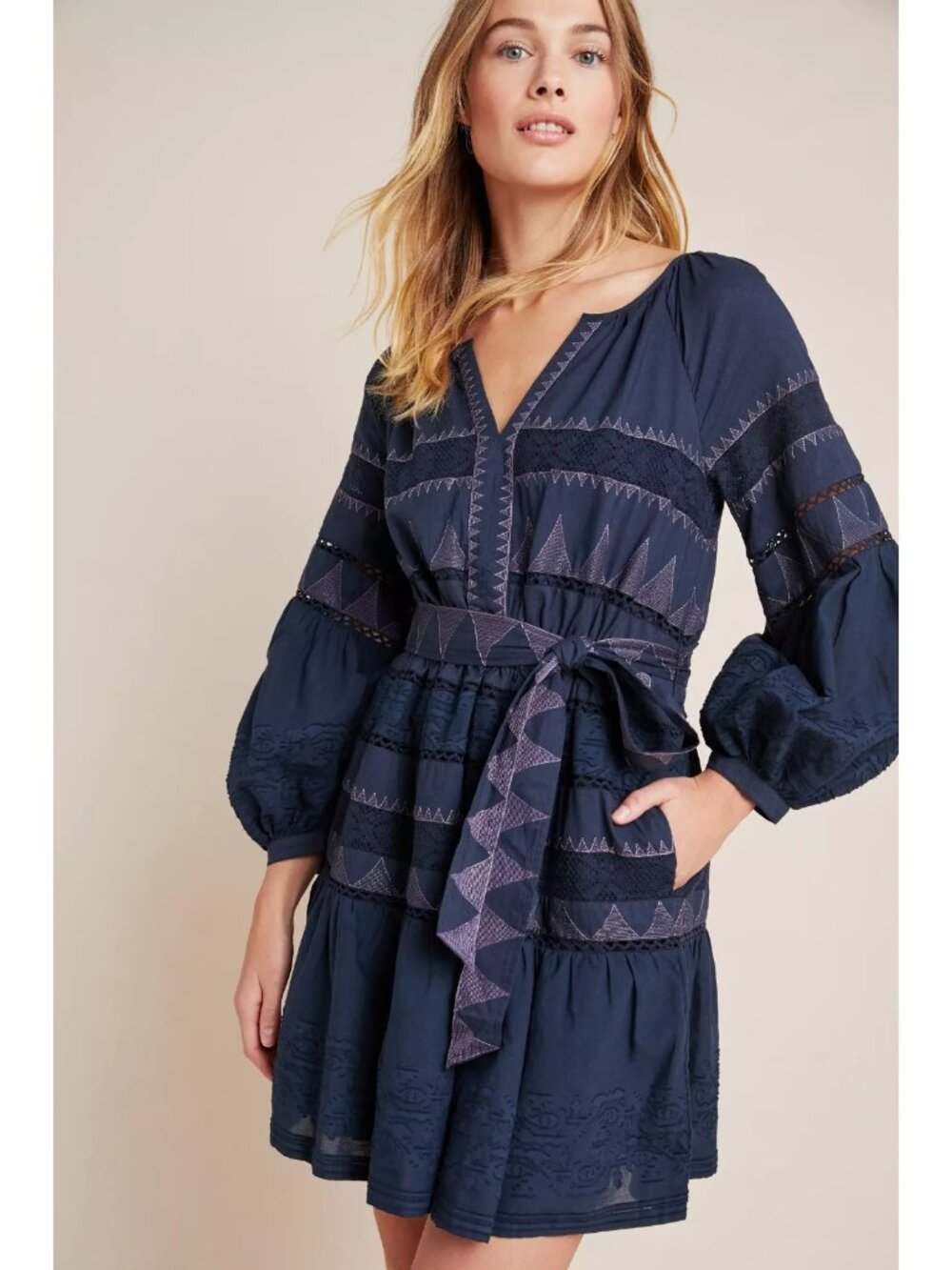 NWT by | Anthropologie Skye Embroidered Mini in Blue Puff Sleeve Cotton Dress XS